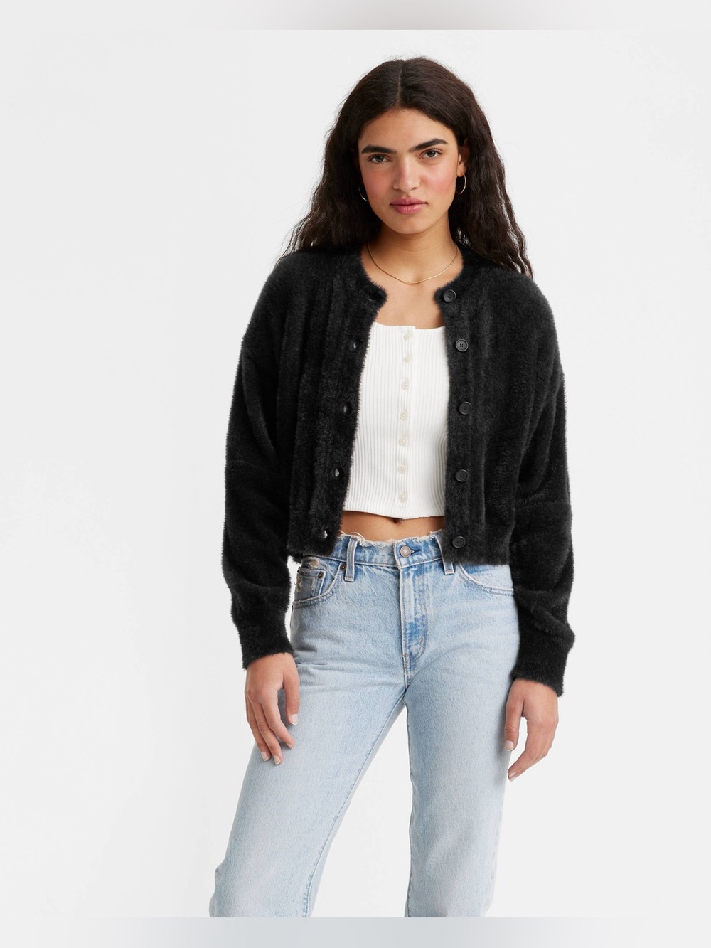 Levi’s Cardigan Sweater Womens XS Black Car Fuzzy Soft Cropped